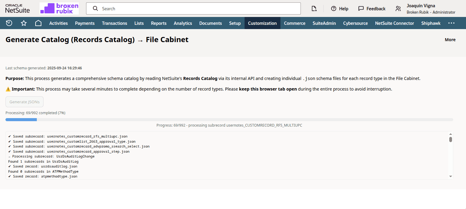 NetSuite backend interface in the Generate Catalog File cabinet. Processing