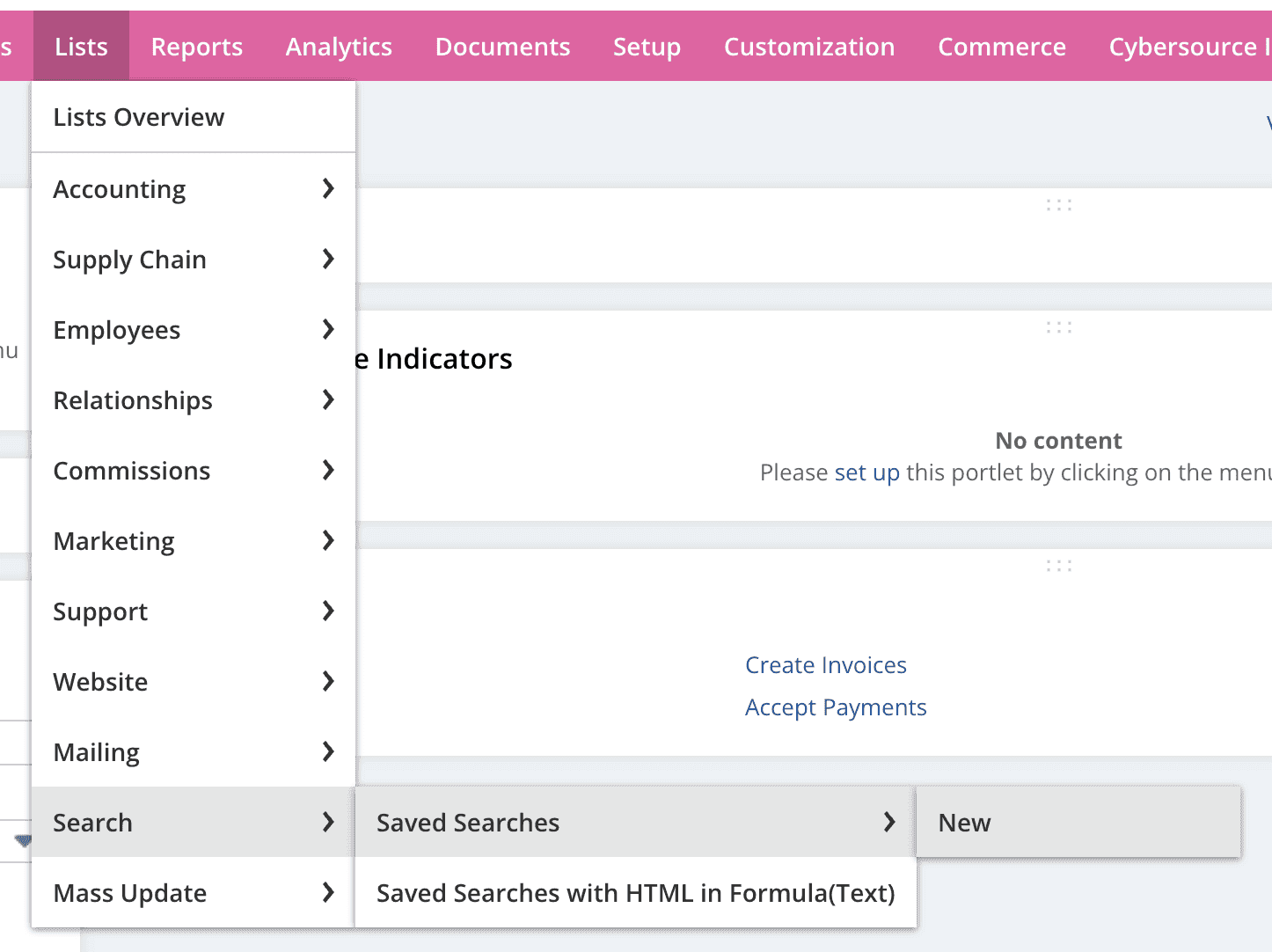 NetSuite header interface in List, Search, Saved Searches, New