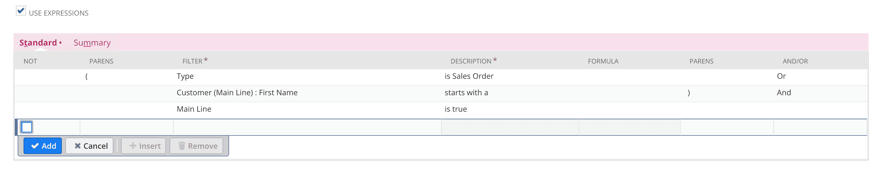 NetSuite interface in Criteria table with 3 rows created