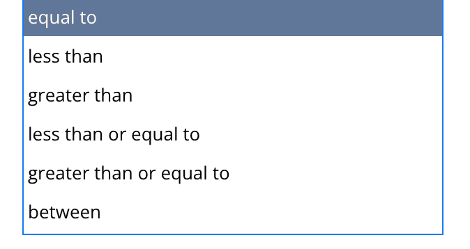 NetSuite interface in input select results: equal to, less than, greater than, etc.