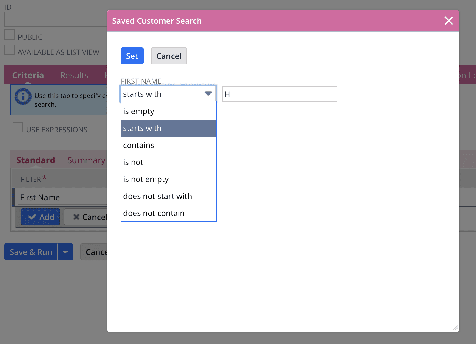 NetSuite interface in Saved Customer Search Modal Window in select first name starts with H