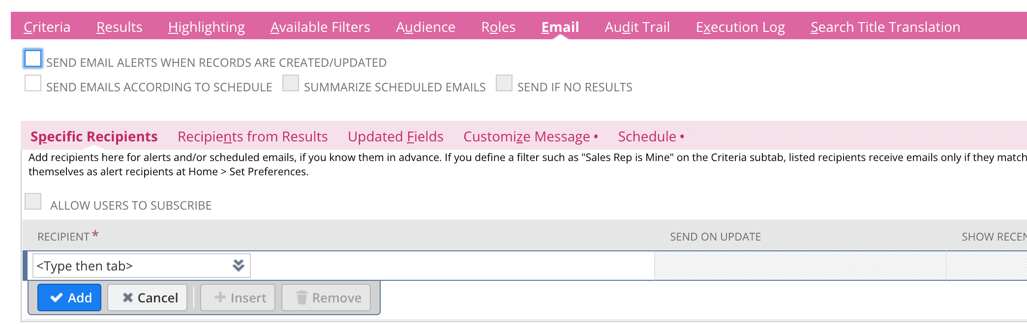 NetSuite interface in table in tab email, specific recipients
