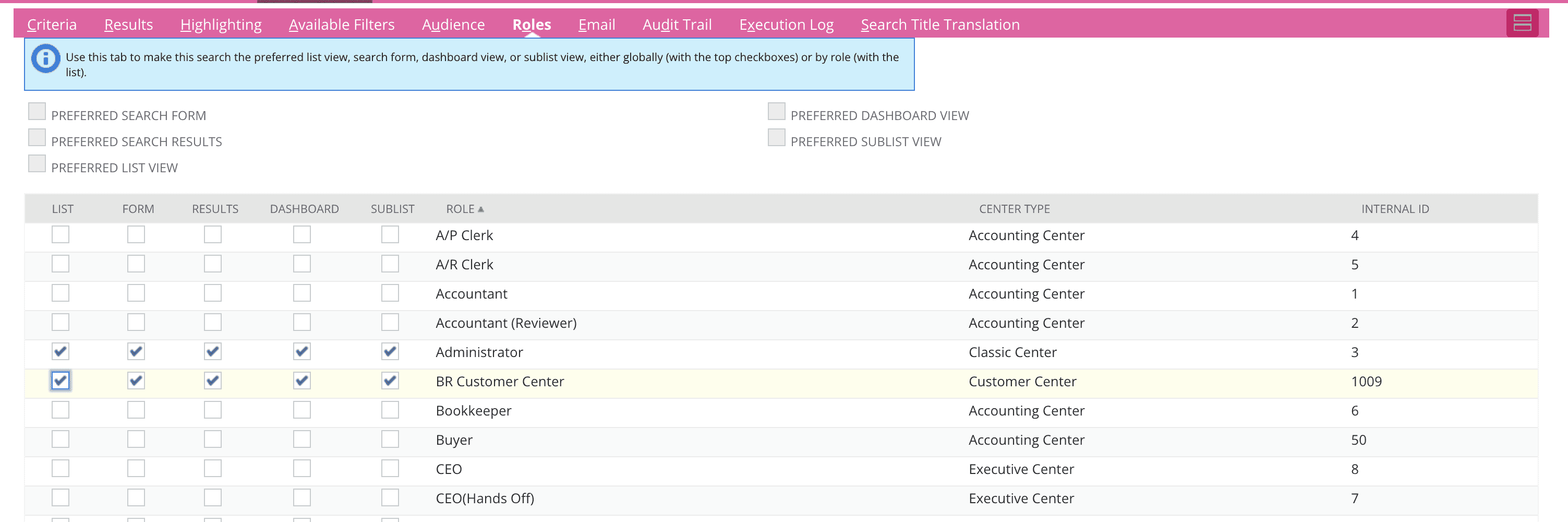 NetSuite interface in table in tab roles with 2 rows with all permissions enabled