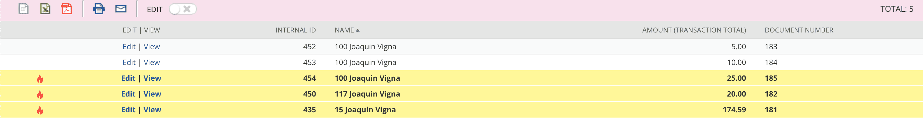 NetSuite interface in table with 3 selected rows