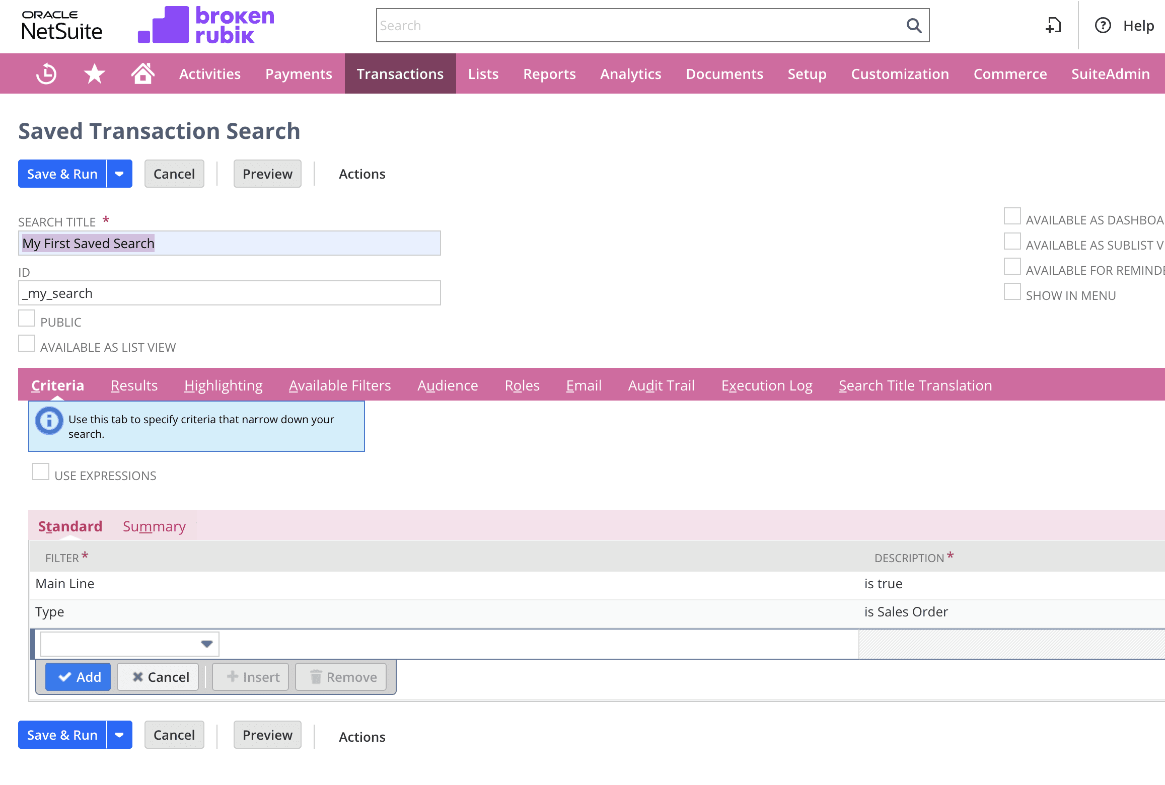 NetSuite interface on the Saved Transaction Search page