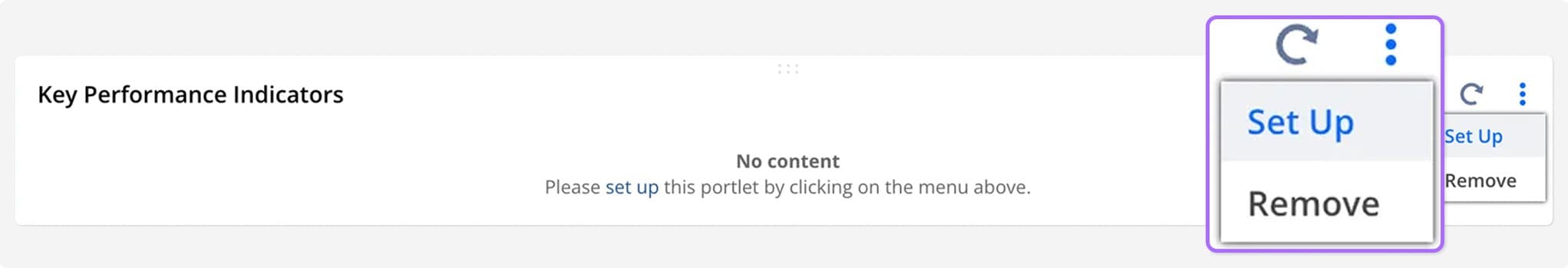 Key Performance Indicators interface, more info icon, Setup options