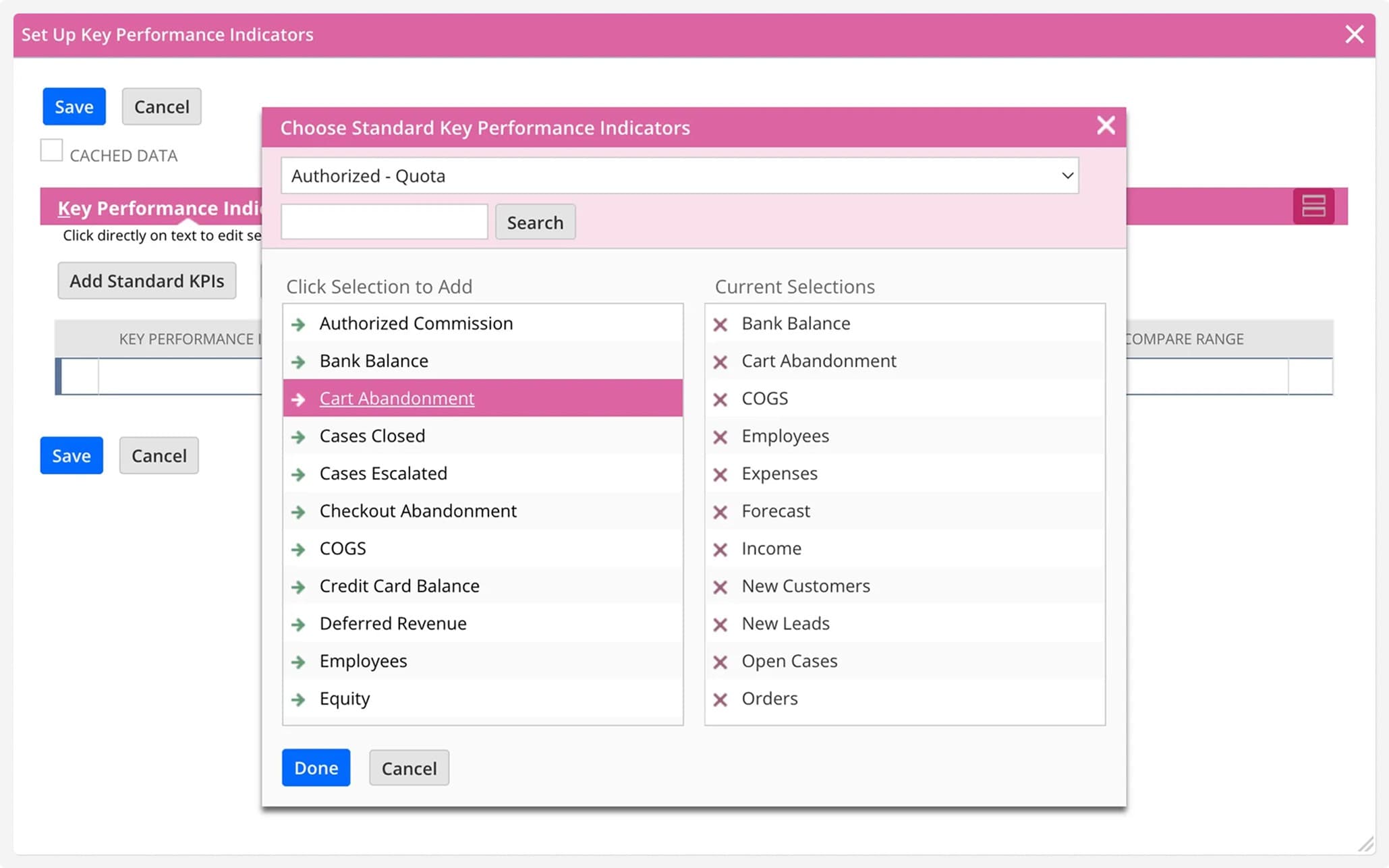 NetSuite interface in Set Up Key Performance Indicators, Choose Standard Key Performance Indicators, Cart Abandonment modal window