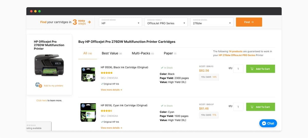 Screenshot from the Cartridges Direct website in PLP - printer search in 3 steps: Brand, Family and Model