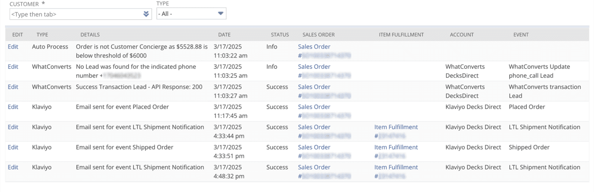 Screenshot of NetSuite table