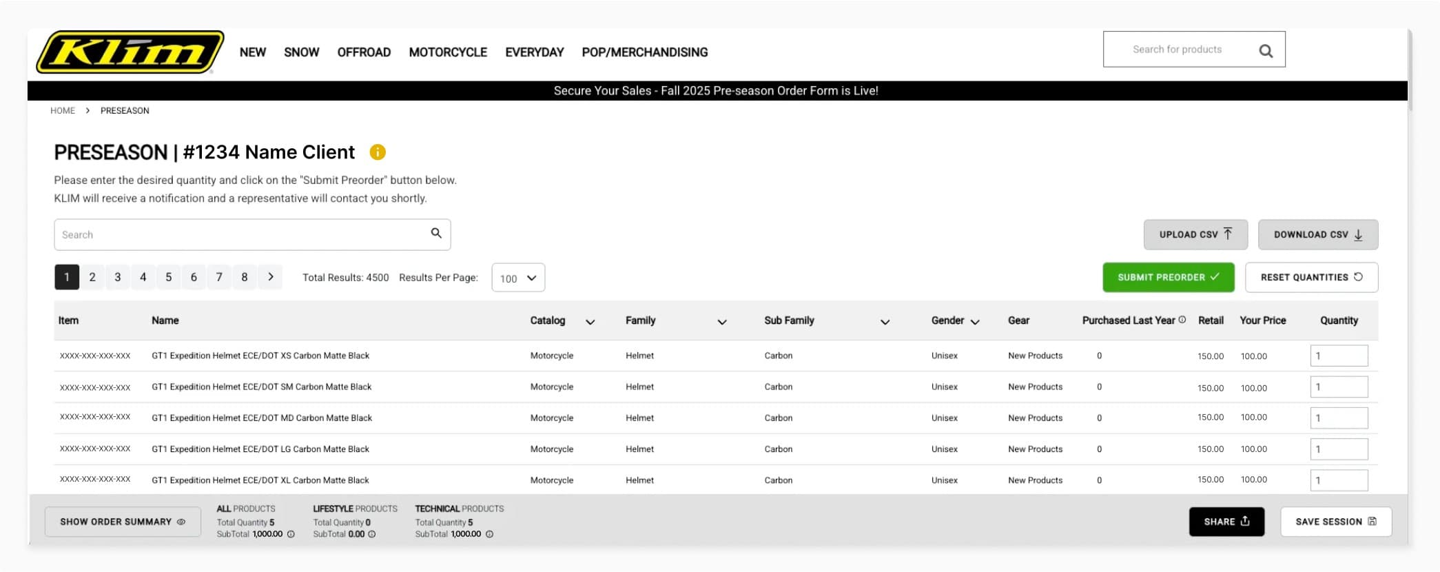 Screenshot of Klim's website: table for placing purchase orders