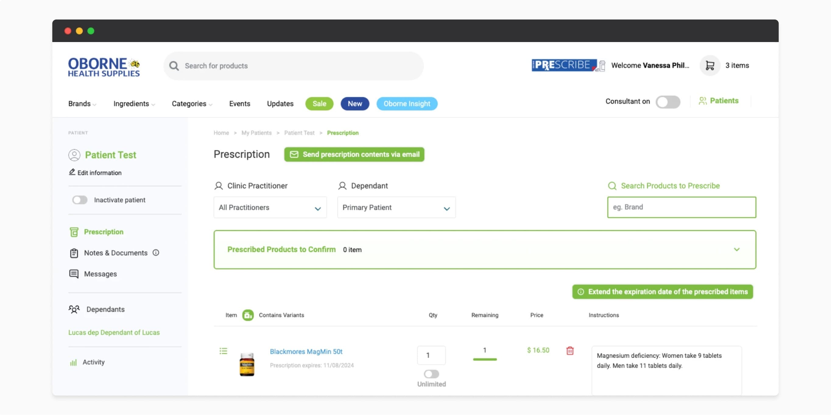 Oborne website mockup for desktop: Prescription page