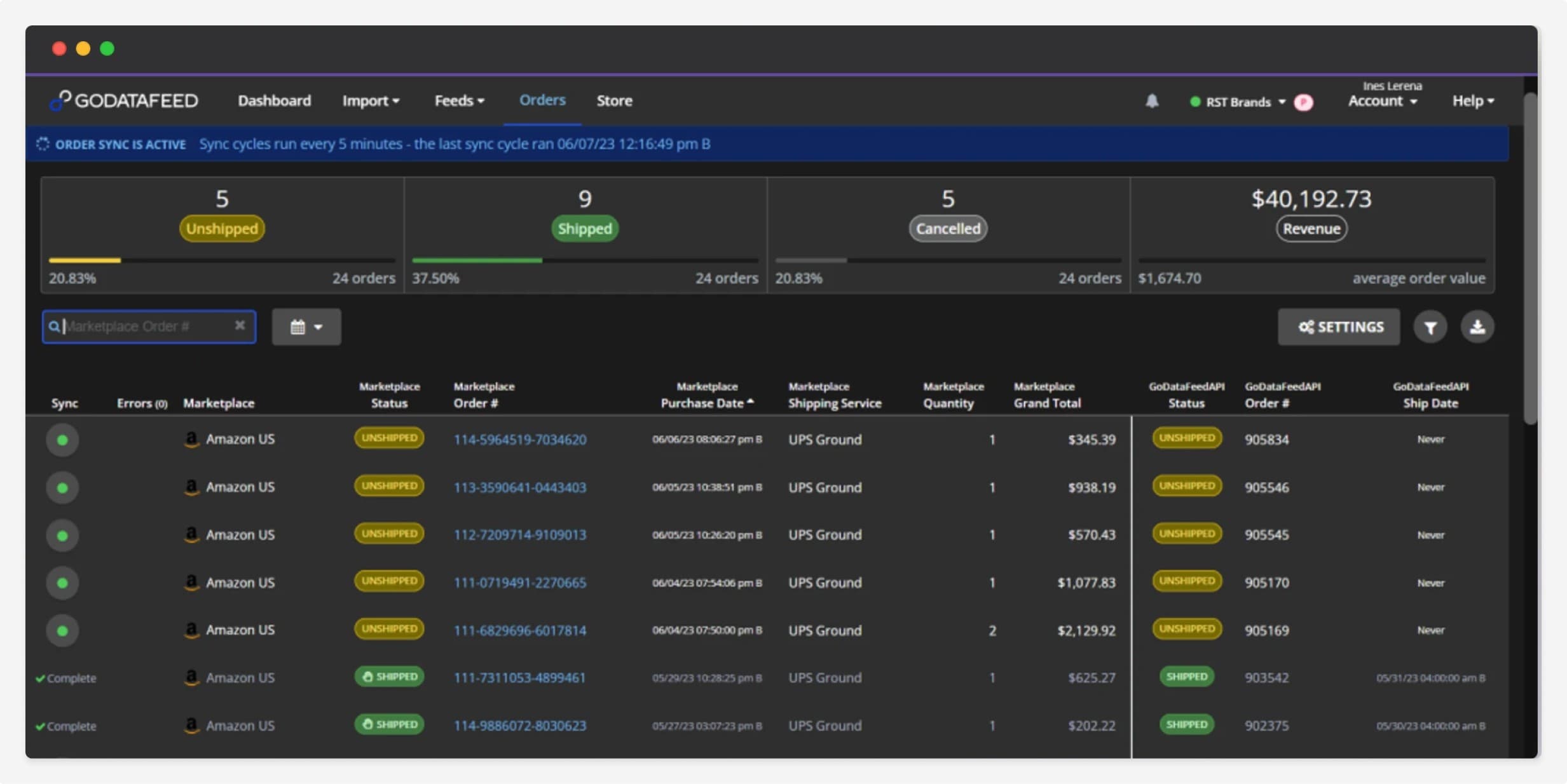 Screenshot of GoDataFeed website in orders table