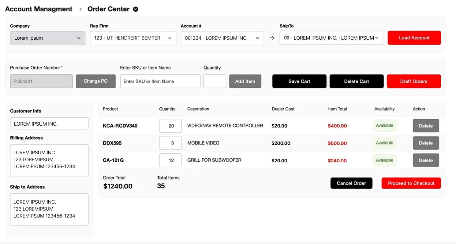 Kenwood's SuiteCommerce order center with a draft order