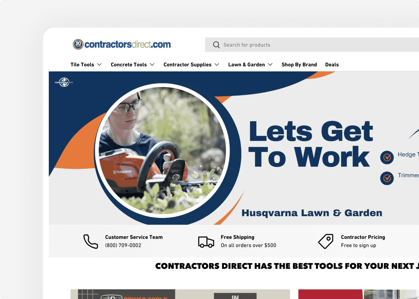 Screenshot of the website of our client Contractors Direct