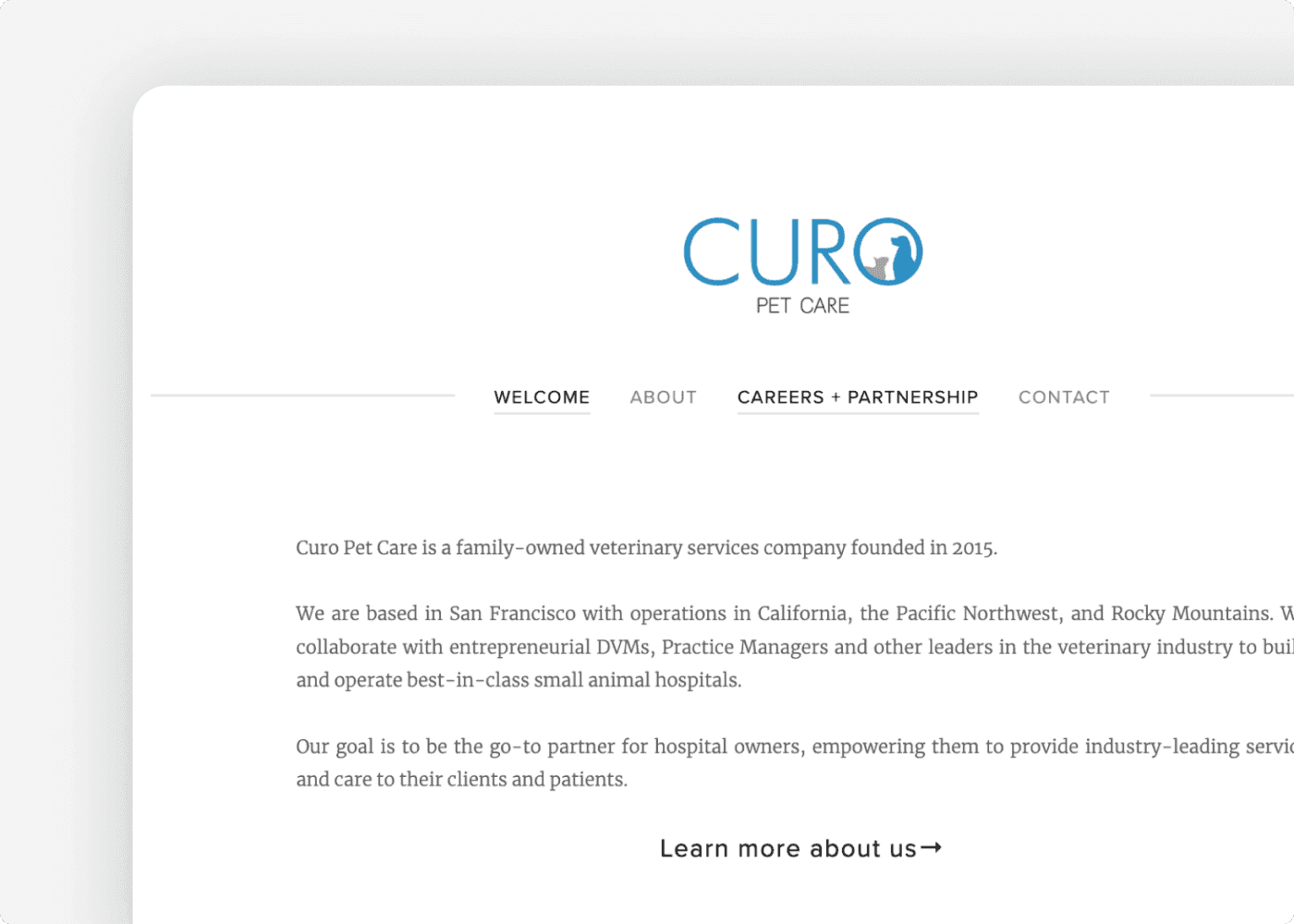 Screenshot of the website of our client CuroPet Care