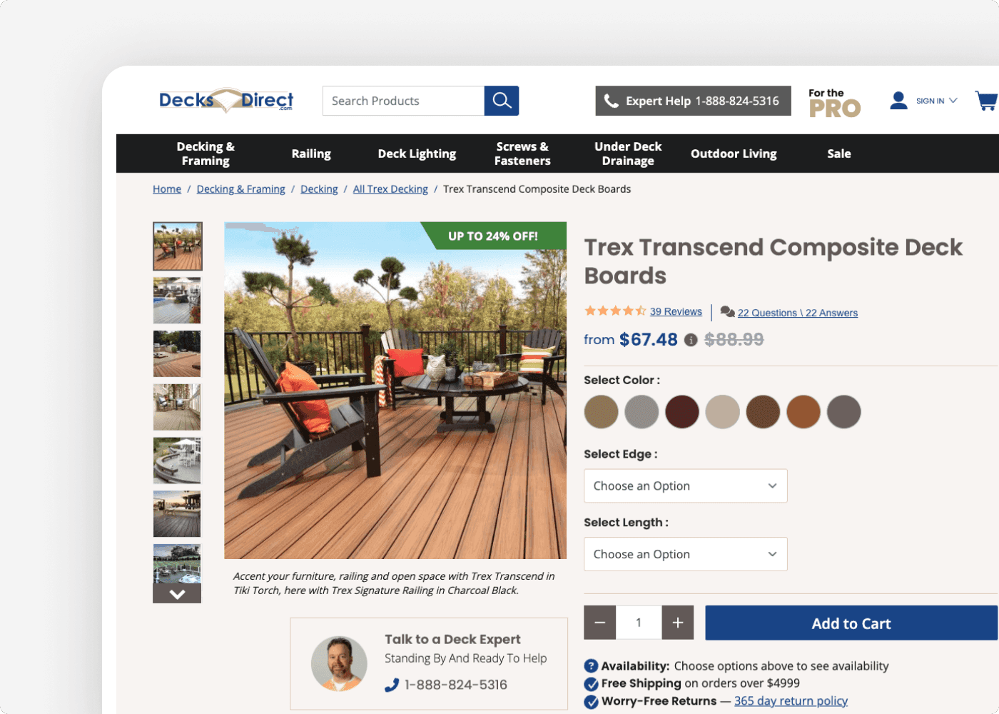 Screenshot of the website of our client DecksDirect