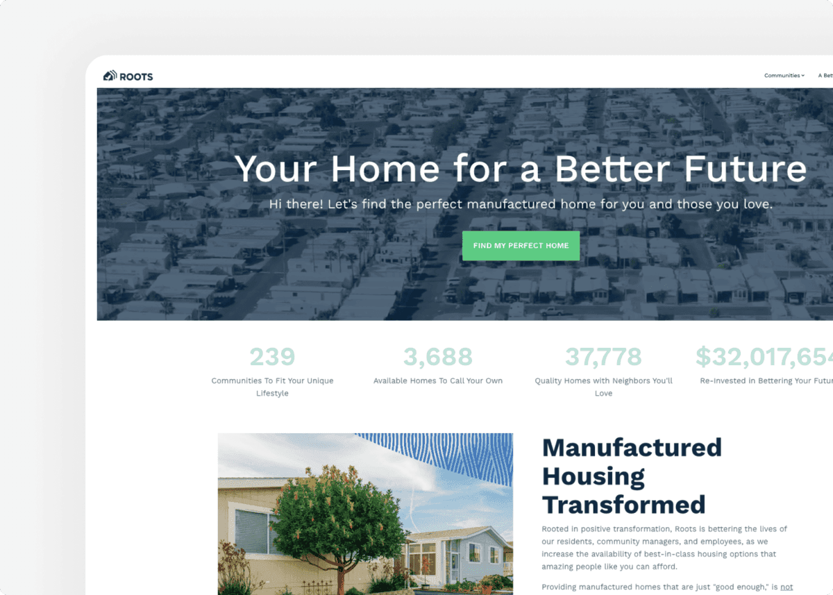 Screenshot of the website of our client Roots Management Group