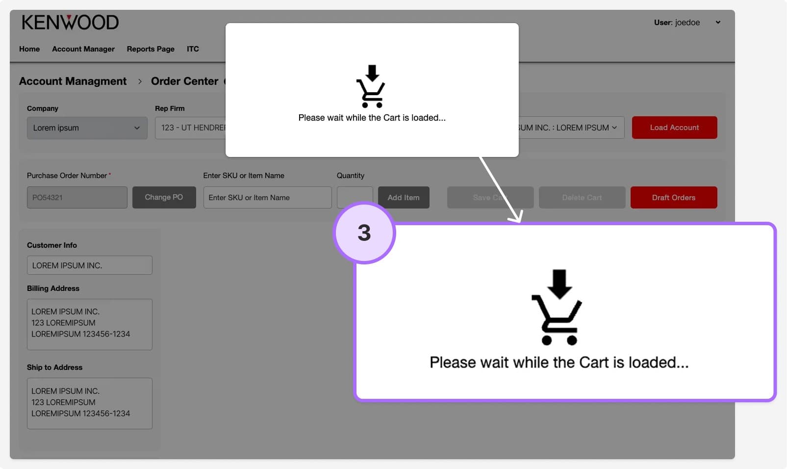 Screenshot of the Kenwood website: Step 3: Wait while the cart is loaded