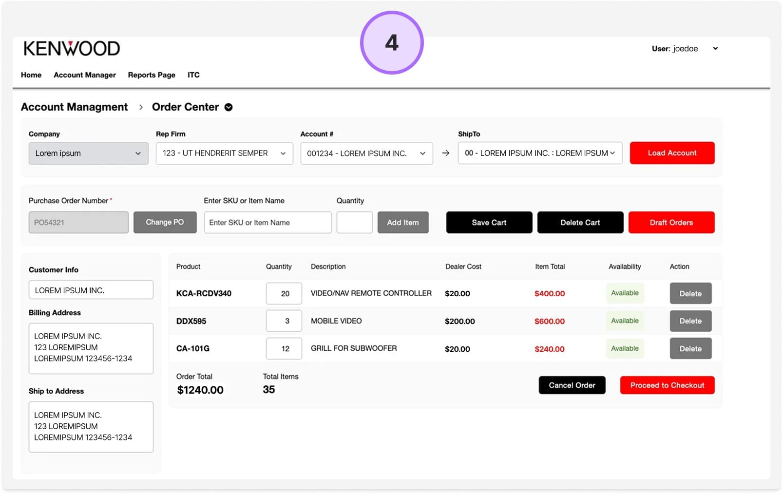 Screenshot of the Kenwood website: Step 4: Dashboard