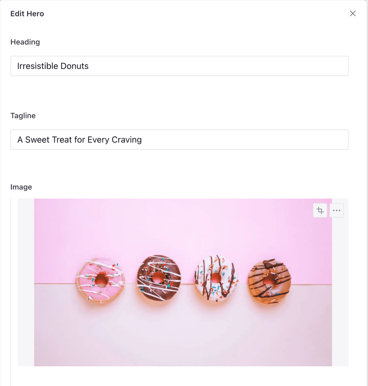 Sanity Studio block editing — a hero block edited through plain heading, tagline, and image fields