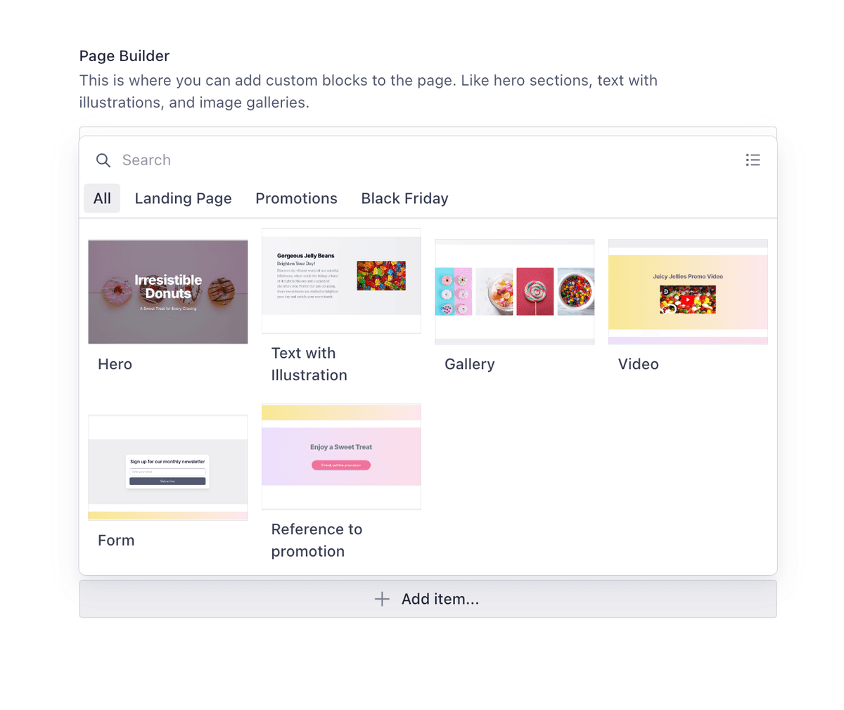 Sanity Studio visual block picker — every block shows a preview of its layout before inserting