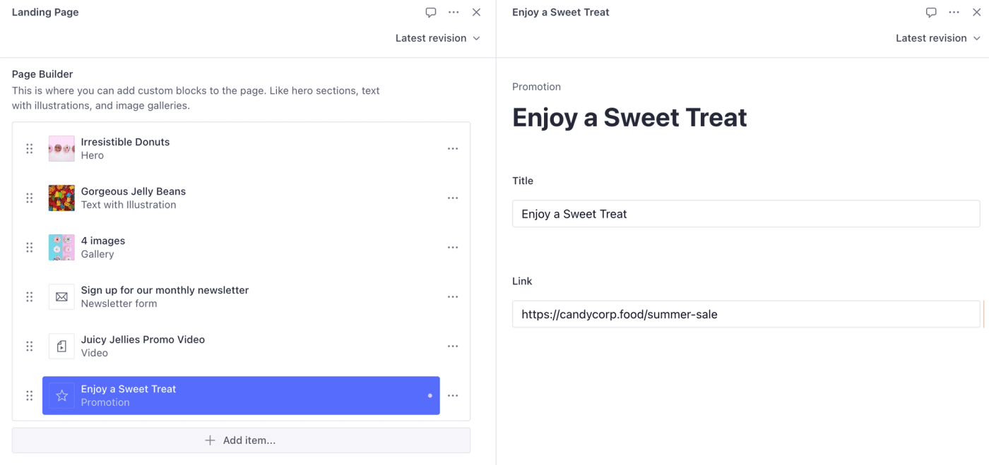 Sanity Studio live preview — the rendered landing page updates next to the block editor