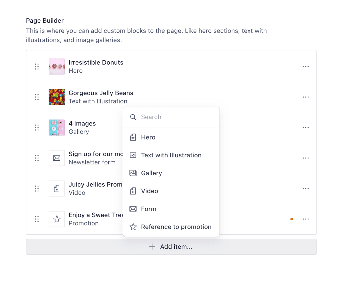 Sanity Studio page builder — a landing page assembled from hero, gallery, form, video, and promotion blocks