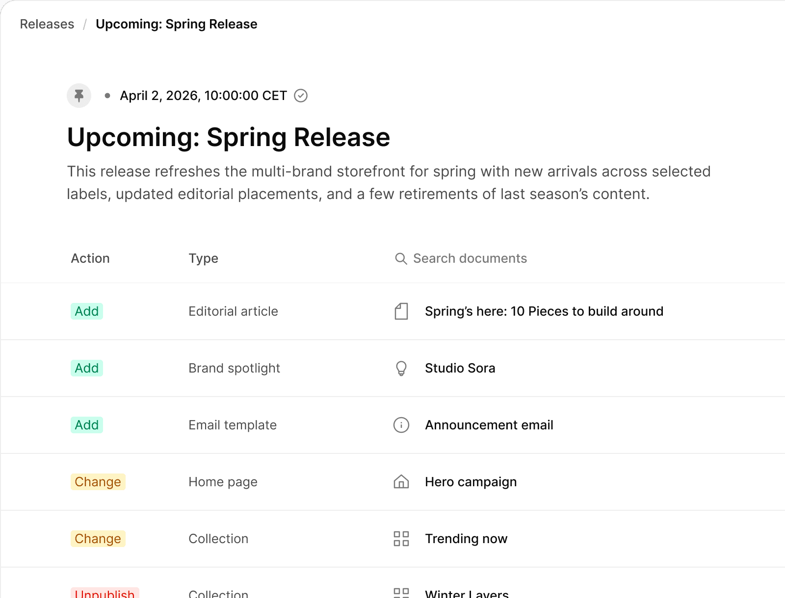 Sanity Studio content release — staged page changes publishing together on a scheduled date