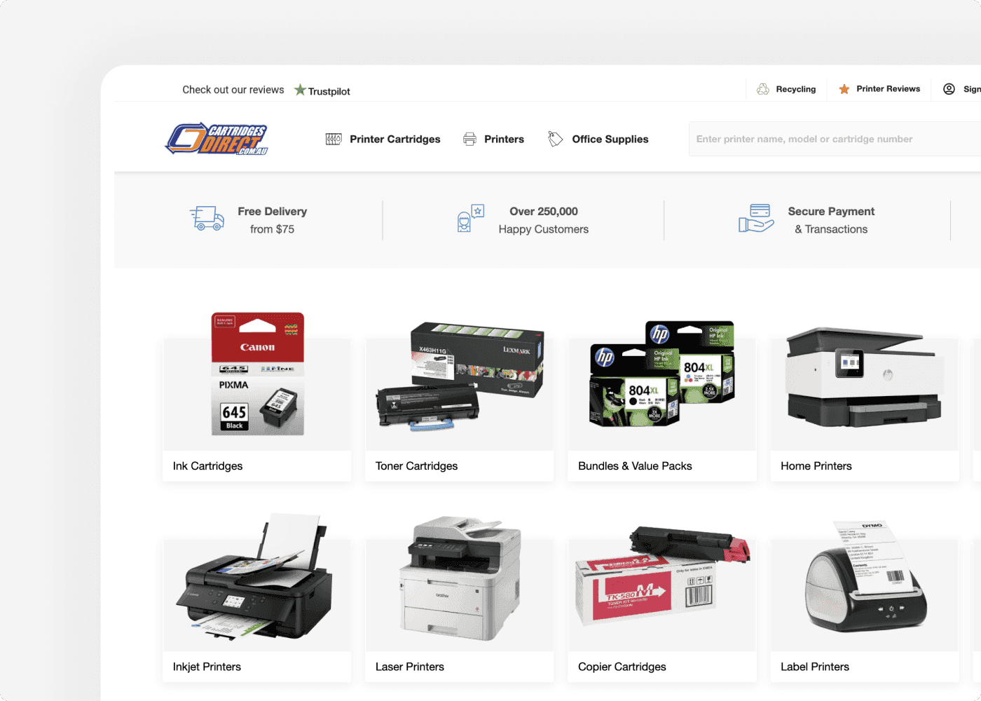 Screenshot of the website of our client Cartridges Direct