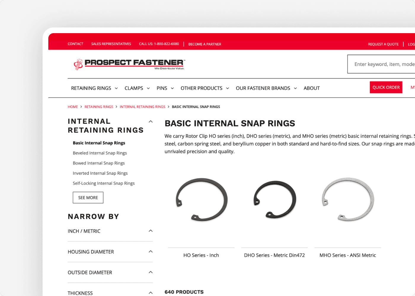 Screenshot of the website of our client Prospect Fastener