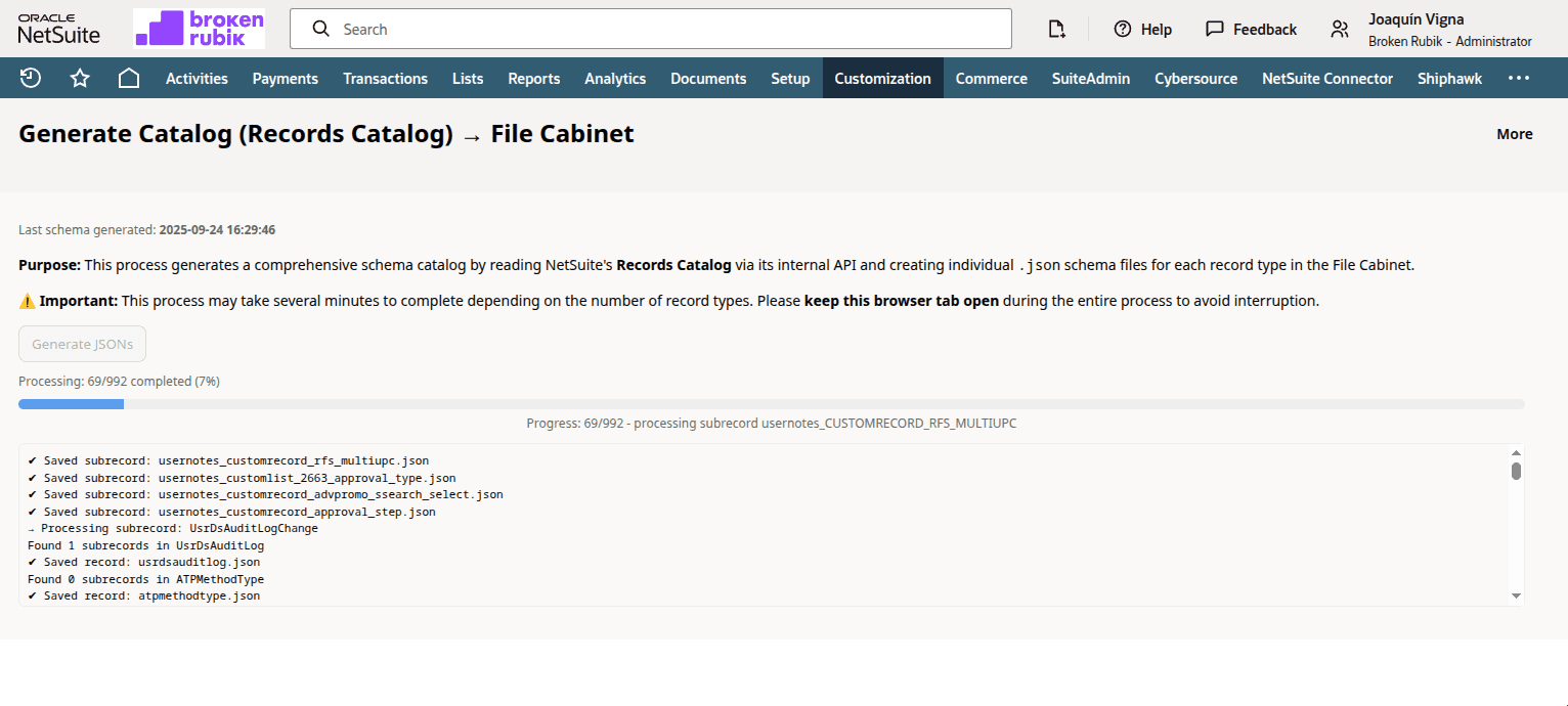 NetSuite backend interface in the Generate Catalog File cabinet. Processing