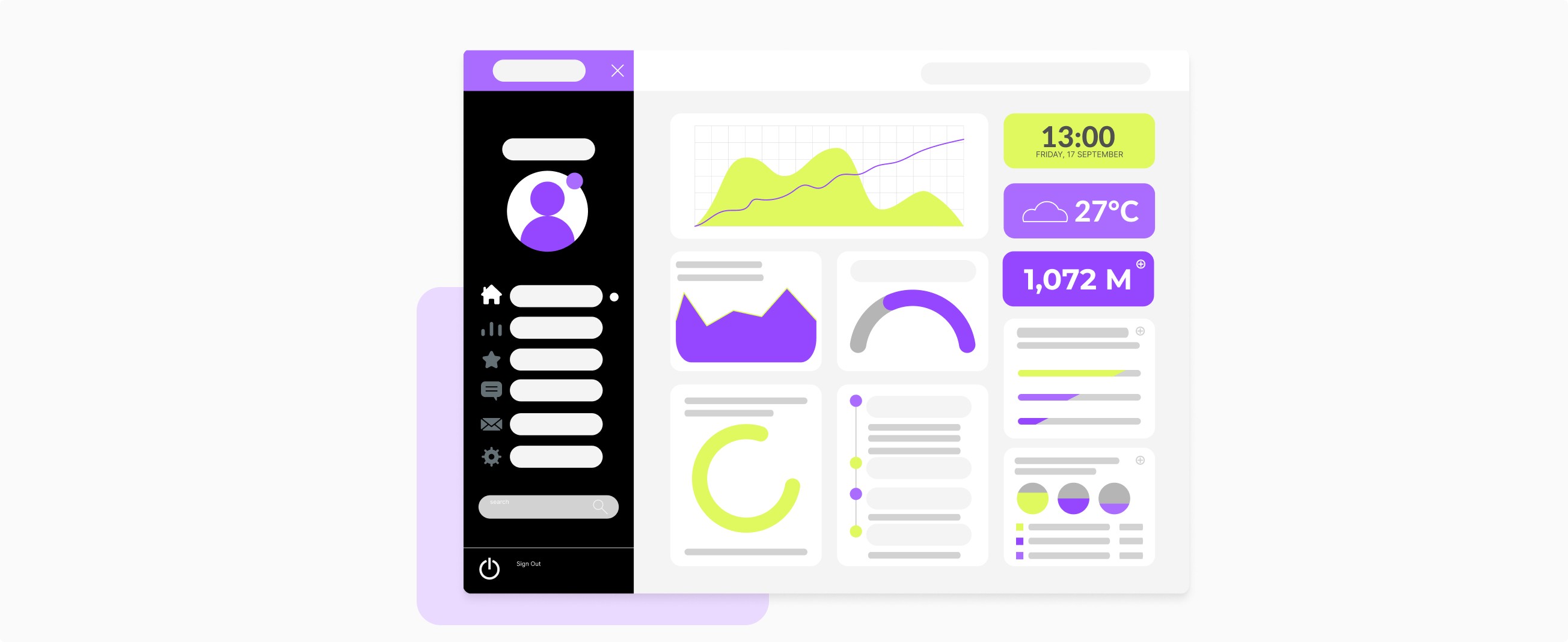 Dashboard interface illustration with summary of charts, numbers, and statistics