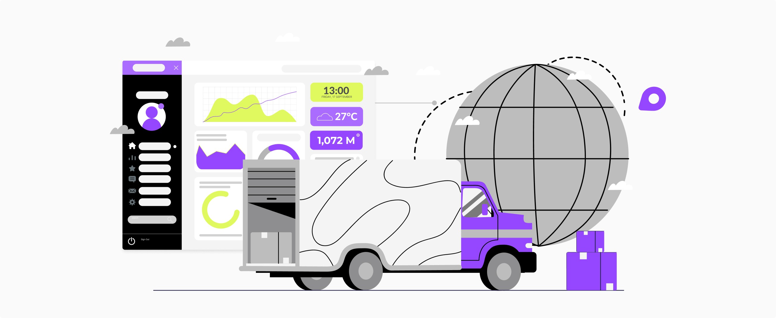 Illustration with a delivery truck and example Dashboard.