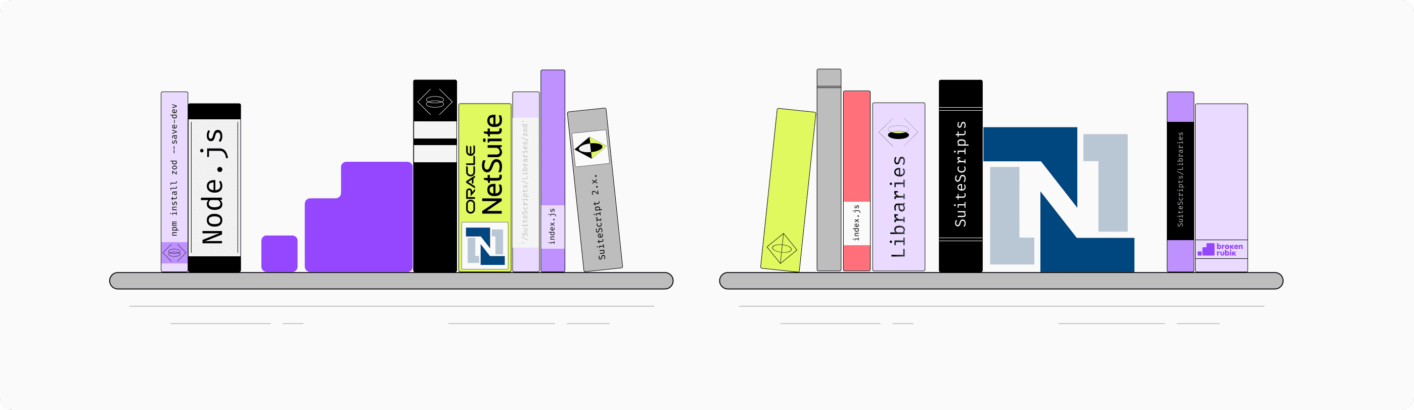Illustration of a bookshelf with books on technology and programming concepts. Logos of NetSuite and BrokenRubik