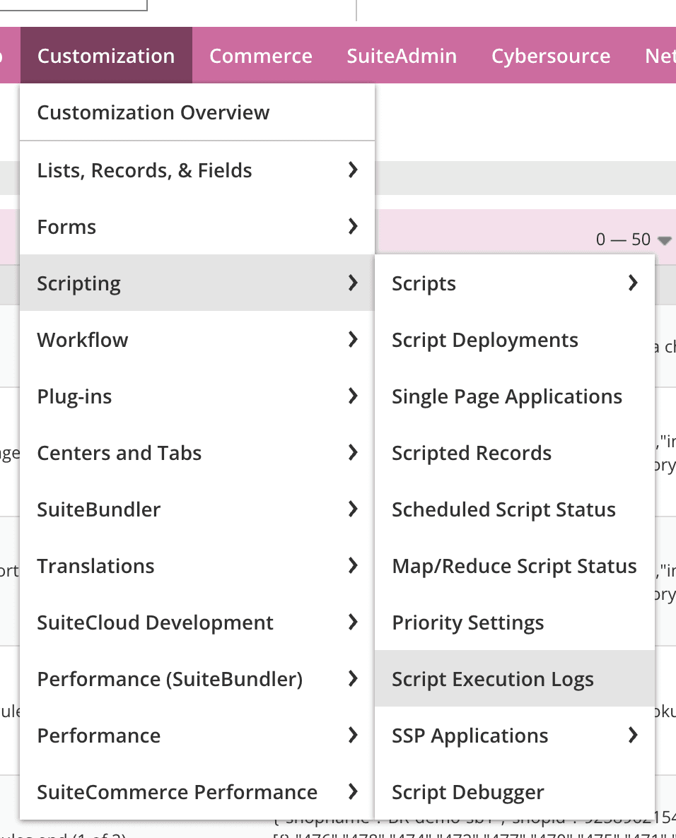 NetSuite header interface: Customization, Scripting, Script Execution Logs
