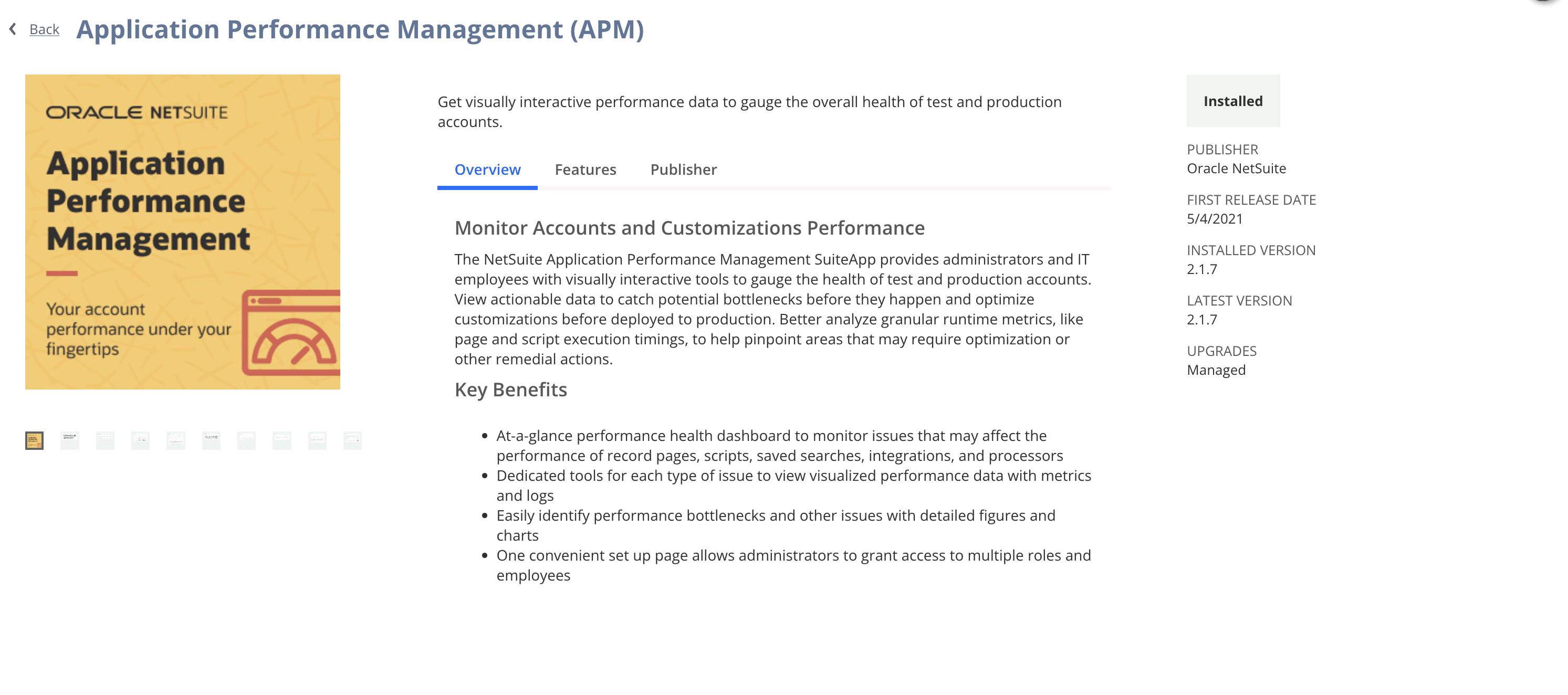 NetSuite interface in Application Performance Management in its overview, key benefits