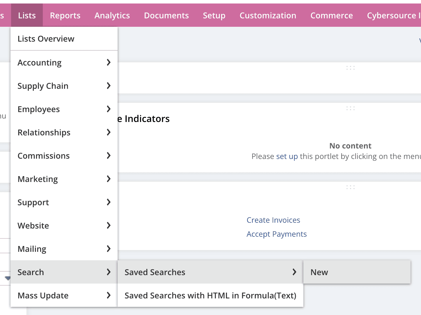 NetSuite header interface in List, Search, Saved Searches, New