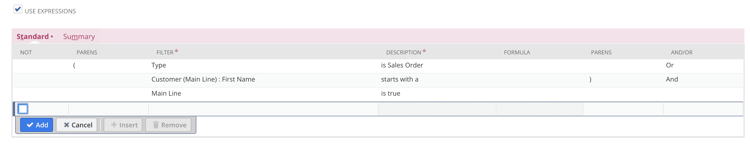 NetSuite interface in Criteria table with 3 rows created