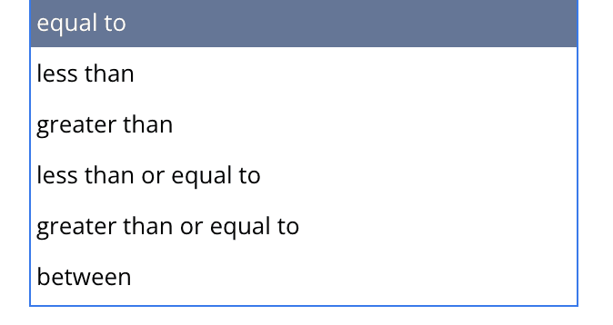 NetSuite interface in input select results: equal to, less than, greater than, etc.