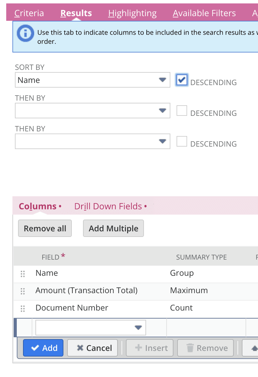 NetSuite interface in table in Results tab with the 3 rows created Name, Amount and Document Number