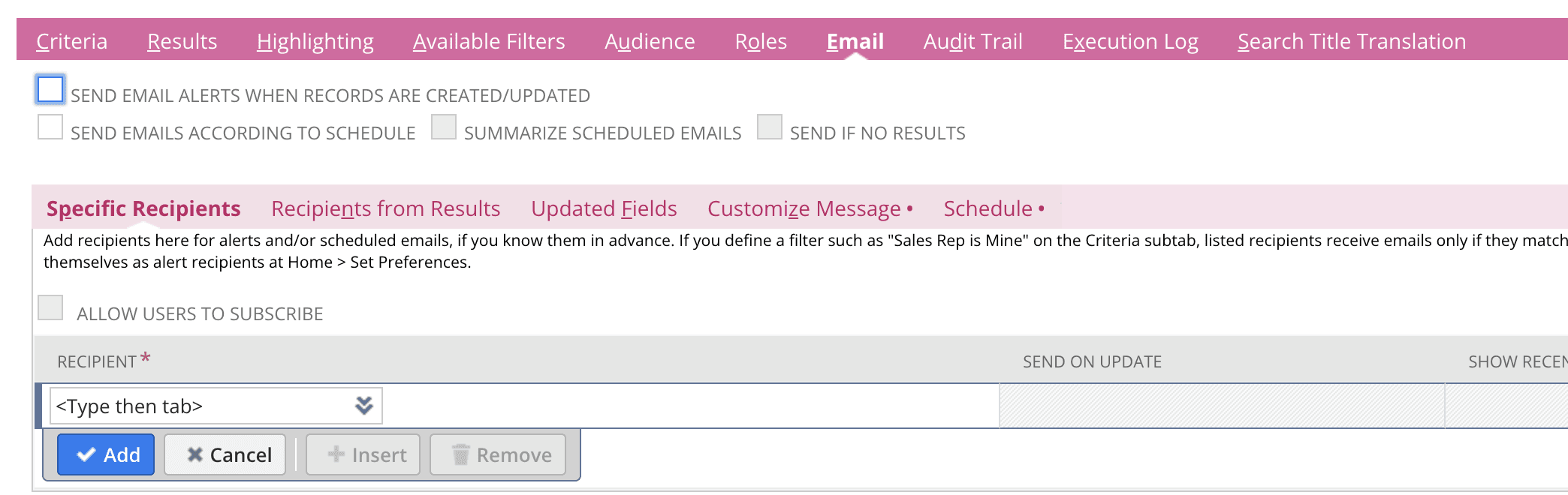 NetSuite interface in table in tab email, specific recipients