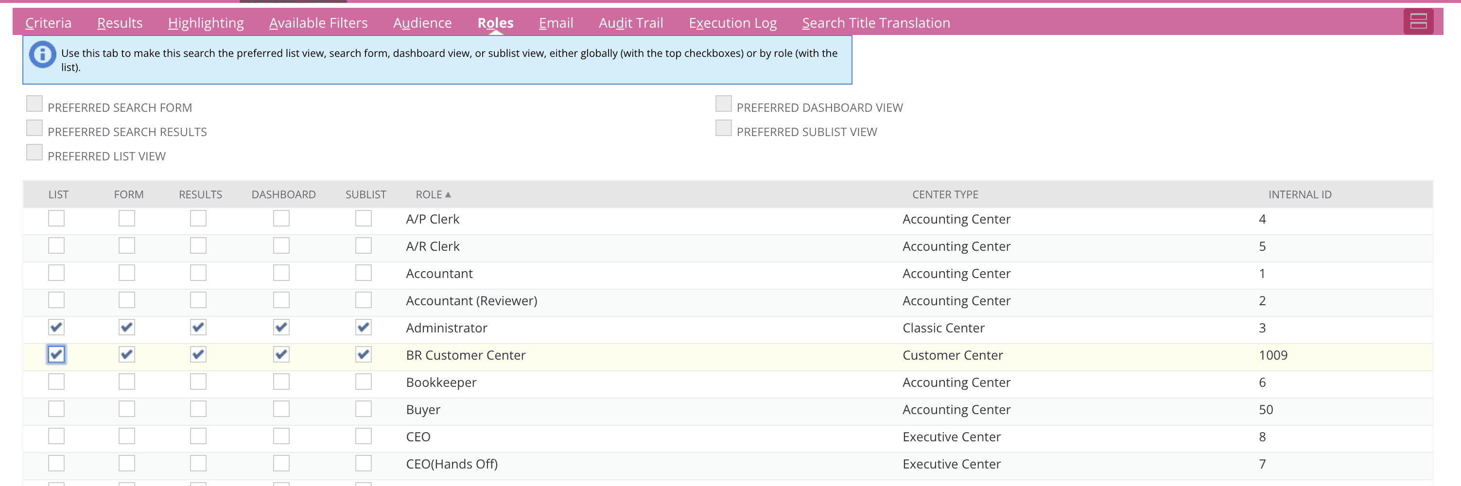 NetSuite interface in table in tab roles with 2 rows with all permissions enabled