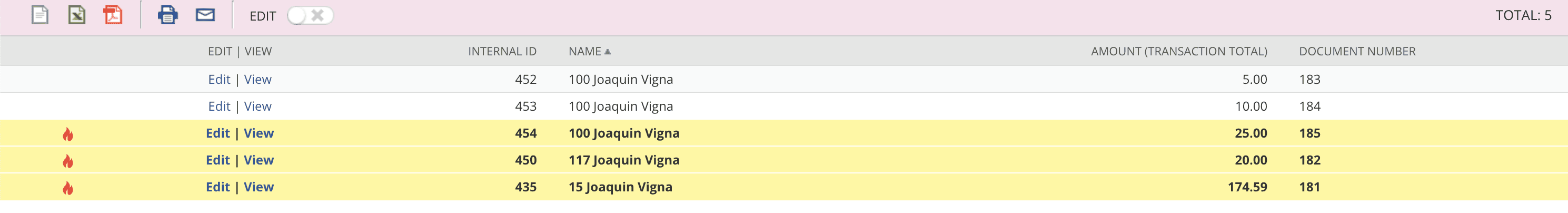 NetSuite interface in table with 3 selected rows