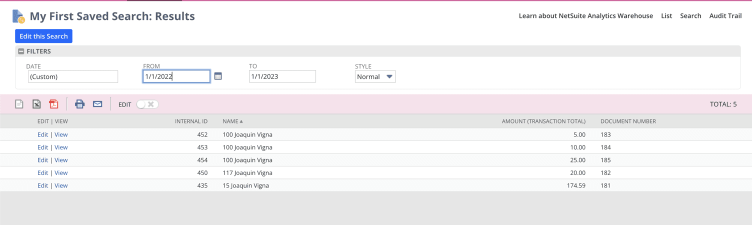 NetSuite interface in the My First Saved Search table: Results filtered by date