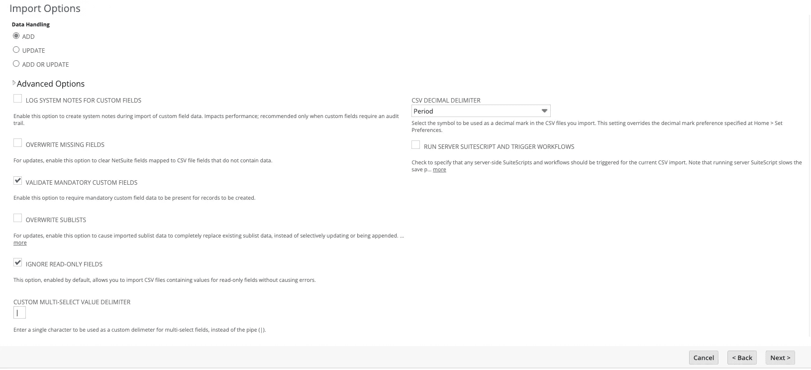 Screenshot of Import options and the form
