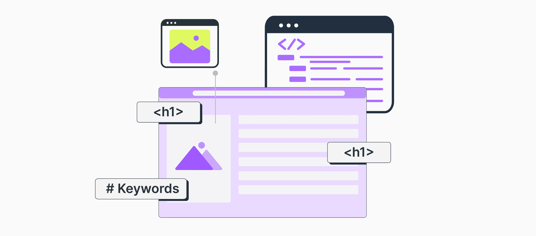 Illustration of a browser on a website with icons and programming elements