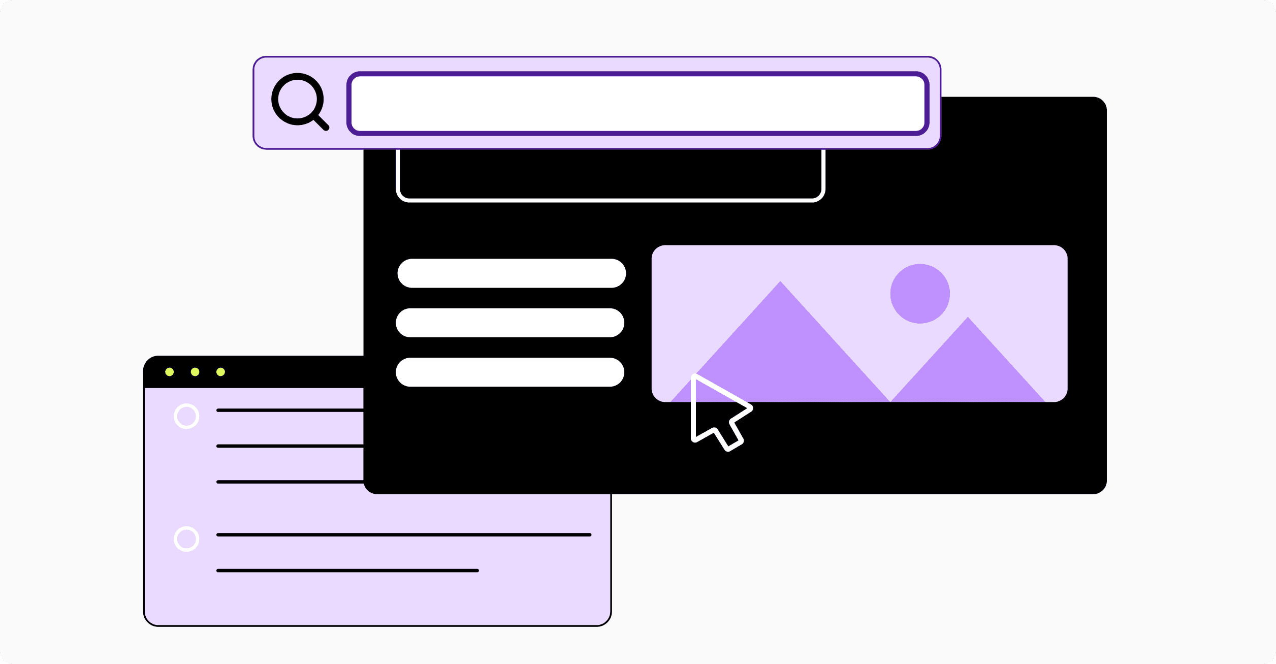 Illustration of browser windows, blog, search bar