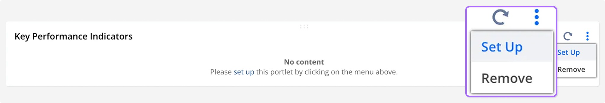 Key Performance Indicators interface, more info icon, Setup options