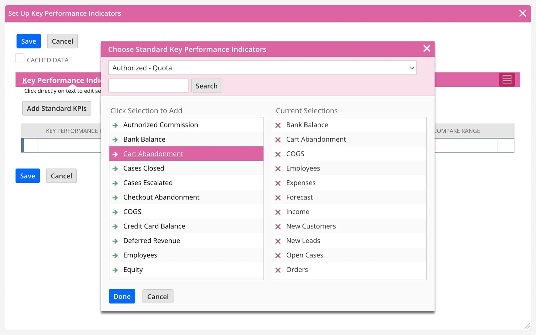 NetSuite interface in Set Up Key Performance Indicators, Choose Standard Key Performance Indicators, Cart Abandonment modal window