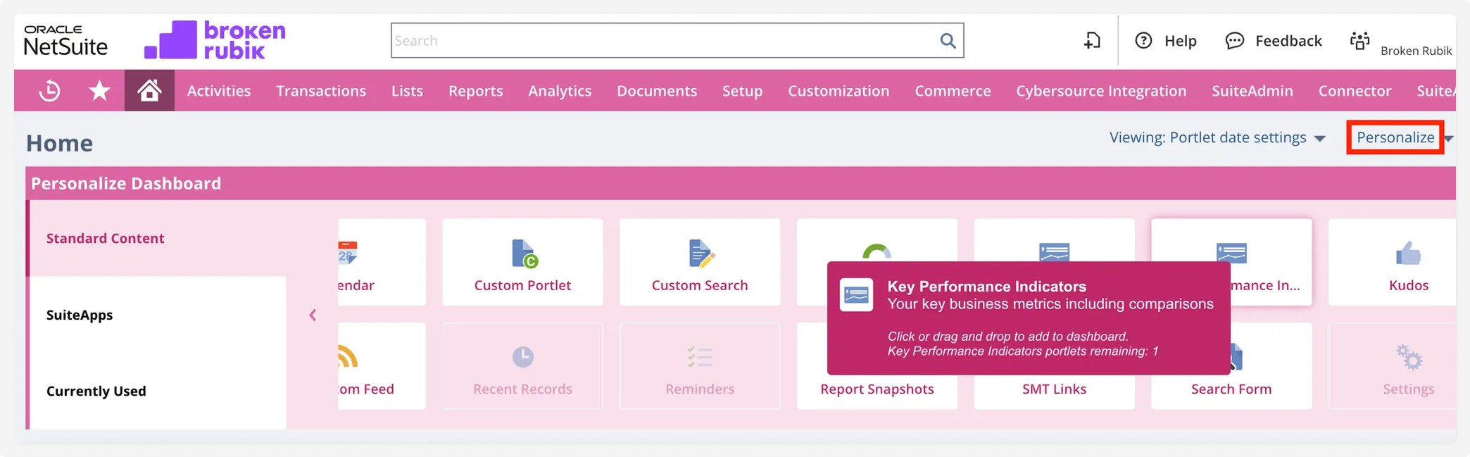 NetSuite interface, on the home page, link Personalize highlighted